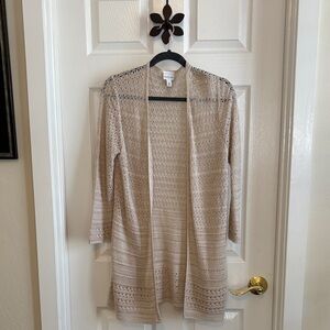Kim Rogers Light crocheted style Beige Open Front 3/4 Sleeve Cardigan sz Med